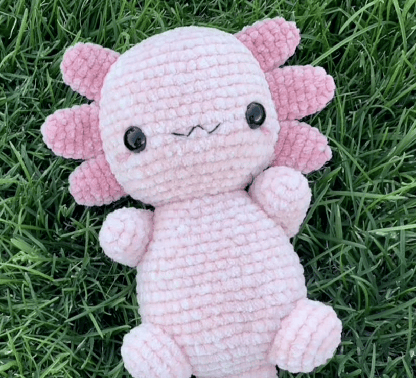 An amigurumi doll of an axolotl.