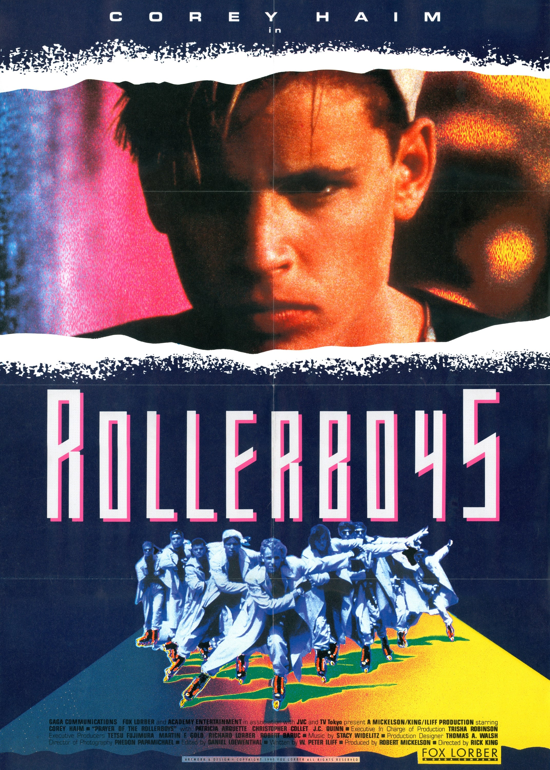 A promotional movie poster for Prayer of the Rollerboys. This one is primarily blue, with Corey Haim at the top staring intensely at the camera, and the titular Rollerboy gang skating toward the viewer with green shadows on an intense yellow, orange, and teal blue gradient road.