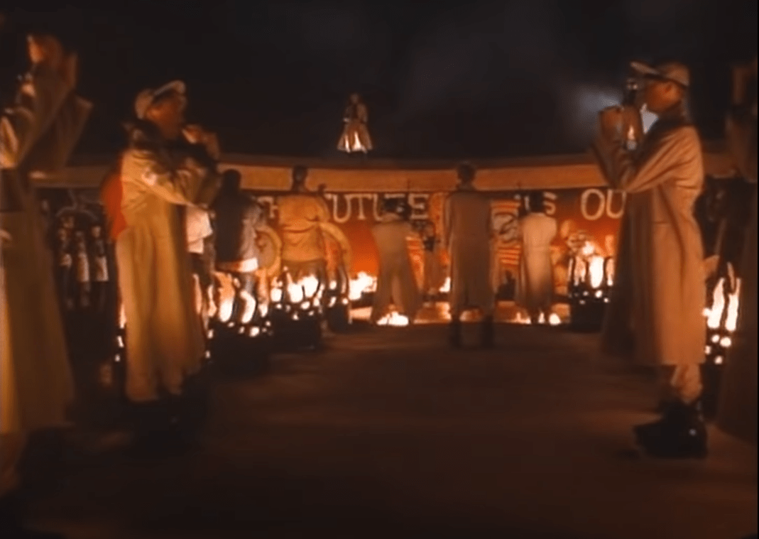 A shot of the fiery night time initiation ritual for Griffin when he 'joins' the Rollerboys.