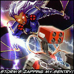 Storm from the X-Men zapping a Team Fortress 2 sentry